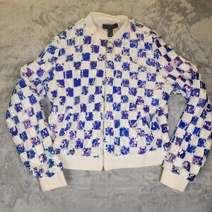 Forever 21 Sequin Bomber Jacket Womens Medium Blue and White Checkered